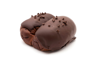 Dark Chocolate covered Bun with chocolate chips topping isolated on white background.