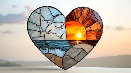 Fototapeta premium A stunning stained glass mosaic heart depicting a serene ocean scene with seagulls flying overhead, waves crashing on the shore, and a vibrant sunset in the background, symbolizing love