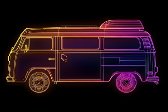 A futuristic 3D representation of a neon wireframe outline of a vintage 70s camper van set against a dark background.