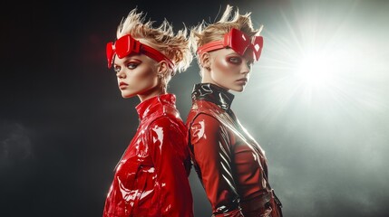 Fototapeta premium Contrasting Elegance: Edgy Twin Fashion Models in Modern Bright Spotlight Studio Shot with High Gloss Finish
