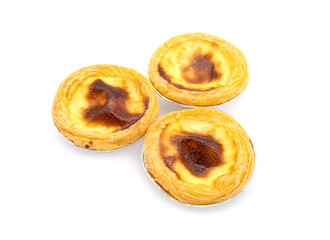 Egg Custard tart (Pastel de nata) in aluminum foil cup isolated on white background.