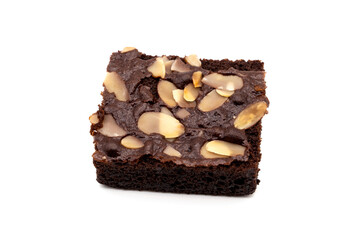 Dark Chocolate Brownie with Almond Slices Topping isolated on white background.