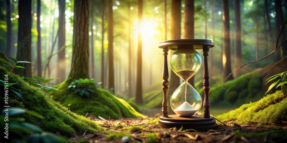 Poster an hourglass sits on the forest floor, its sands slowly flowing as sunlight streams through the tree