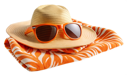 Hat and sunglasses on the beach small towel