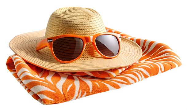 Hat and sunglasses on the beach small towel