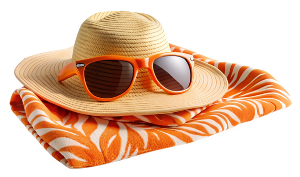 Hat and sunglasses on the beach small towel