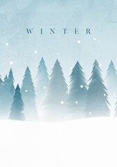 Hand painted winter forest vertical illustrations with many pine trees