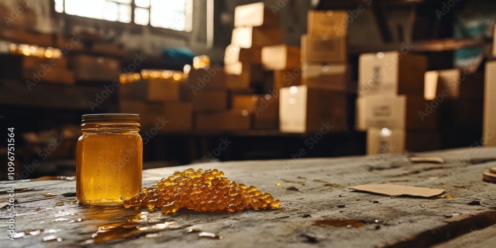 Poster a jar of amber liquid sits on a table with scattered beads, surrounded by cardboard boxes.