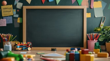 Colorful Classroom with Blank Chalkboard and Supplies