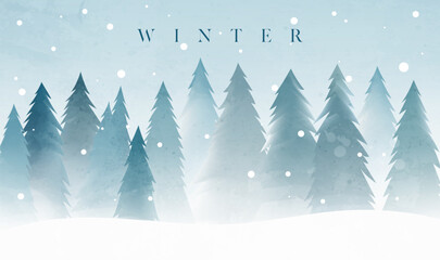 Hand painted winter forest illustrations with many pine trees