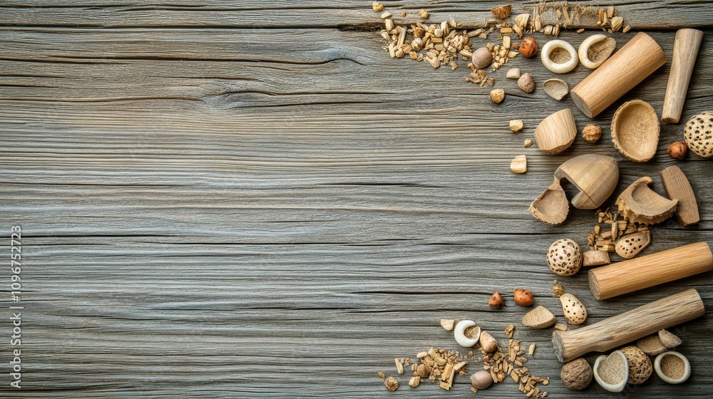 Poster a collection of wooden objects and natural materials arranged on a textured wooden surface.