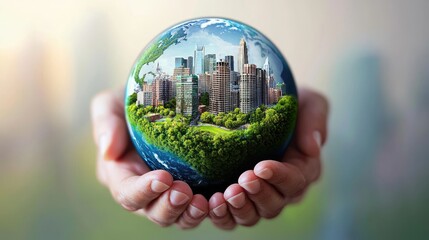An eco-friendly illustration of the Earth with a green cityscape inside, held in hands, symbolizing environmental care and sustainability. 