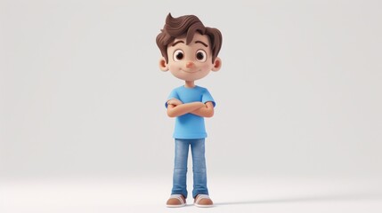 Cheerful cartoon boy standing with arms crossed.