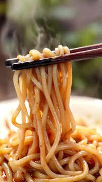 Close-up of steaming noodles lifted by chopsticks, coated in a savory sauce with a blurred natural background