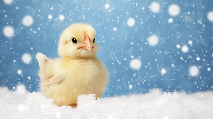Cute Duckling in Snowy Landscape with Soft Blue Background