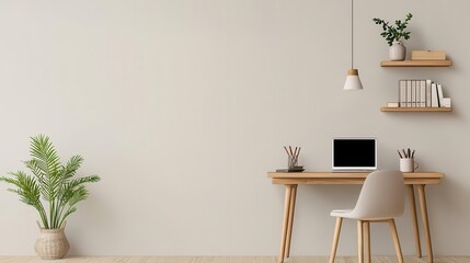 A minimalist officelibrary with open shelving, a compact writing desk, and a neutral color palette for a serene and functional space