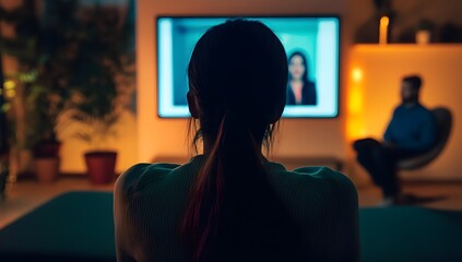 Obraz premium Young woman watching TV at home, news channel on screen with people in the studio, sitting in a back view. Backlit living room interior. 