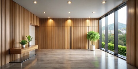 Obraz premium Modern minimalist interior design with wooden slat wall, large windows, and potted plants