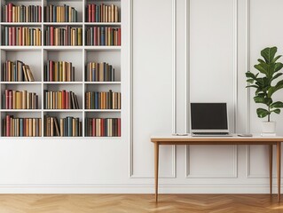 An officelibrary featuring builtin minimalist bookshelves, a slim desk, and soft lighting for a serene work environment