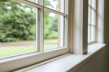 Fototapeta premium A close-up view of a window frame showcasing a serene outdoor scene, highlighting natural light and greenery.