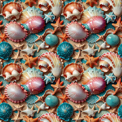 Seamless coastal background pattern featuring colorful seashells and starfish on sandy texture