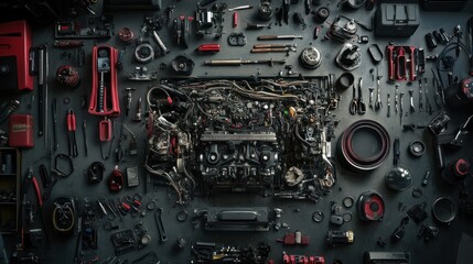 Disassembled car engine surrounded by tools and parts on dark surface.