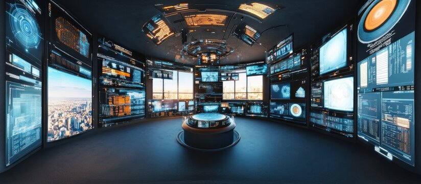 Futuristic control room with multiple screens displaying data and city views.