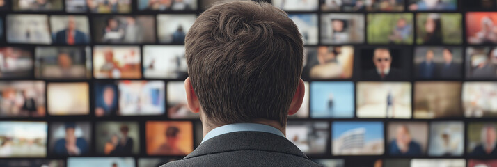 This thought-provoking image depicts a man observing numerous screens displaying various content, representing the modern digital age and information overload.