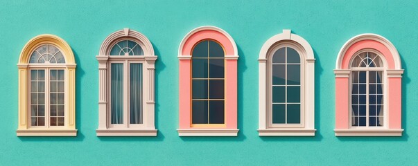 Obraz premium Four colorful arched windows on a vibrant turquoise wall, showcasing elegant design and contrasting pastel tones.