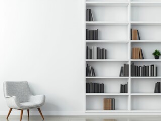 A minimalist libraryoffice with monochrome shelving, a slim writing desk, and minimal decor, offering a clean and organized workspace