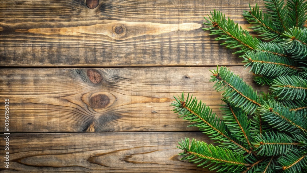 Poster A rustic wooden background with evergreen branches extending from the right side, creating a natural and festive backdrop.