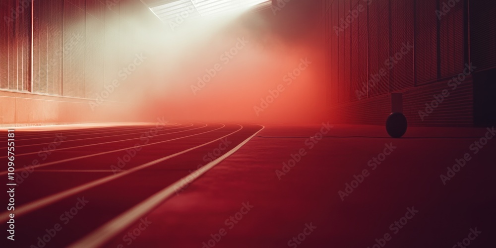 Poster a dimly lit indoor track surrounded by fog, creating a mysterious atmosphere.