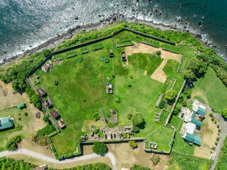 Aerial view of Charles fort in Sandy Point Town St Kitts and Nevis, pentagonal British colonial stone  fortification with angled bastions