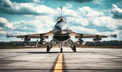 Fototapeta premium A military jet positioned on a runway under a cloudy sky, showcasing its design and power.