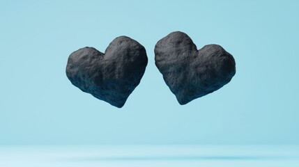 Two Textured Stone Hearts Against a Light Blue Background