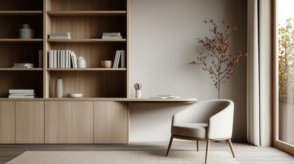 A minimalist officelibrary with open shelving, a compact writing desk, and a neutral color palette for a serene and functional space