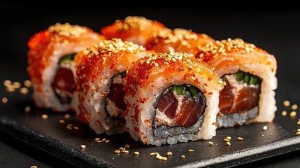 Cinematic, sushi roll with spicy tuna, close-up shot, vibrant colors, detailed textures, premium ingredients, high-end restaurant ,Photorealistic, 8K resolution,