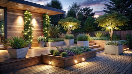 A well-lit wooden deck with a built-in planter and a cozy seating area, creating a perfect ambiance for relaxation in the evening.