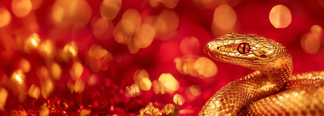 Obraz premium Shiny golden snake on a red background. 2025 New Year of the Snake, Lunar New Year or Chinese New Year. Tet. Zodiac animal character. Gold bokeh. Copyspace for your text. Long banner.