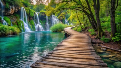 A Serene Wooden Path Winds Through a Lush Forest Towards a Cascading Waterfall in a Tranquil Lagoon