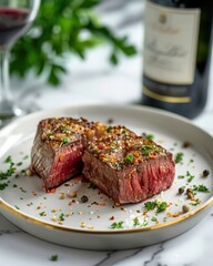 Culinary delight medium-rare steak with cracked pepper and sea salt wine bottle in background gourmet food photography elegant dining setting top-down view for maximum visual appeal