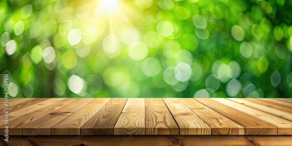Aufkleber a wooden tabletop in front of a defocused green background with a sunbeam shining through