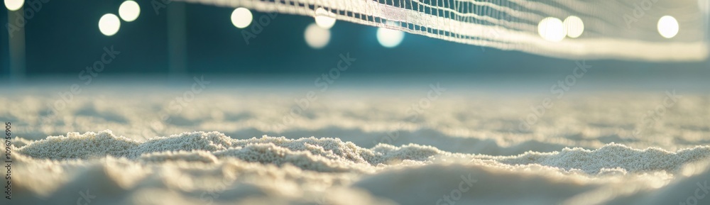 Poster A close-up view of sandy ground under a volleyball net with soft lights in the background.