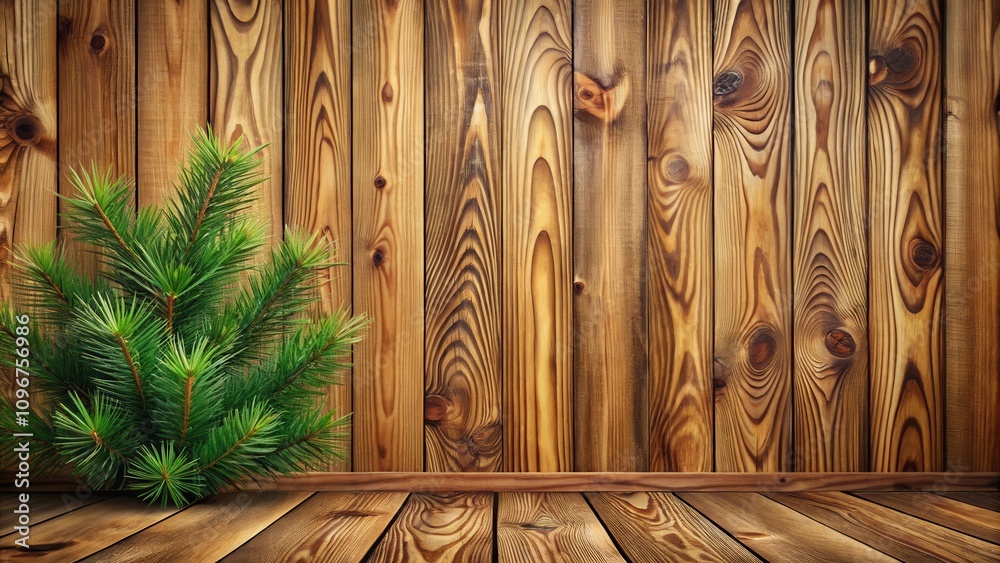 Poster rustic wooden wall with a single pine branch in the foreground, creating a natural and cozy backdrop