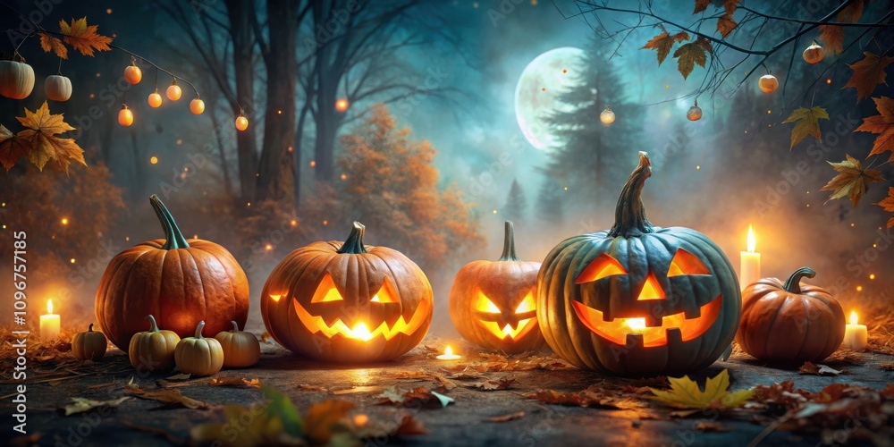 Poster glowing jack-o'-lanterns illuminate a misty forest path, casting an eerie glow under a full moon, cr