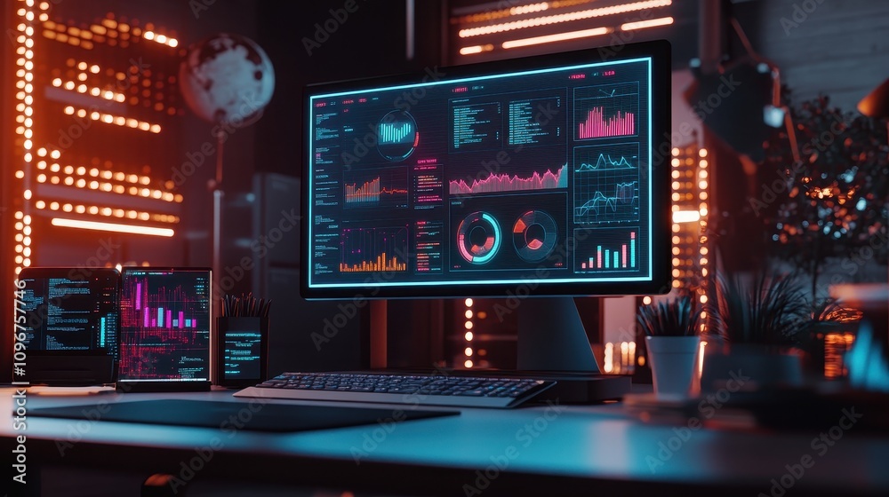 Poster a computer monitor displays a number of graphs and charts