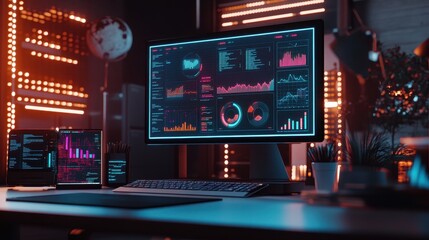 A computer monitor displays a number of graphs and charts