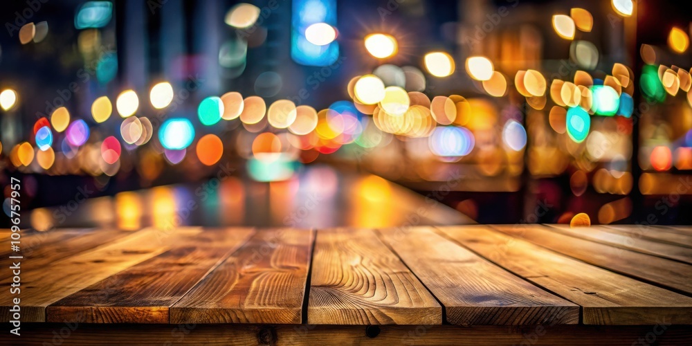 Poster a close-up of a rustic wooden table with a blurred background of twinkling city lights.