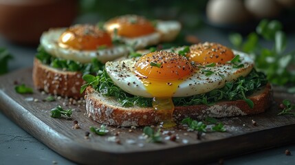 Delicious Egg and Spinach Toast on a Wooden Board