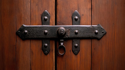 A close-up of an ornate wooden door lock with decorative metal fittings.